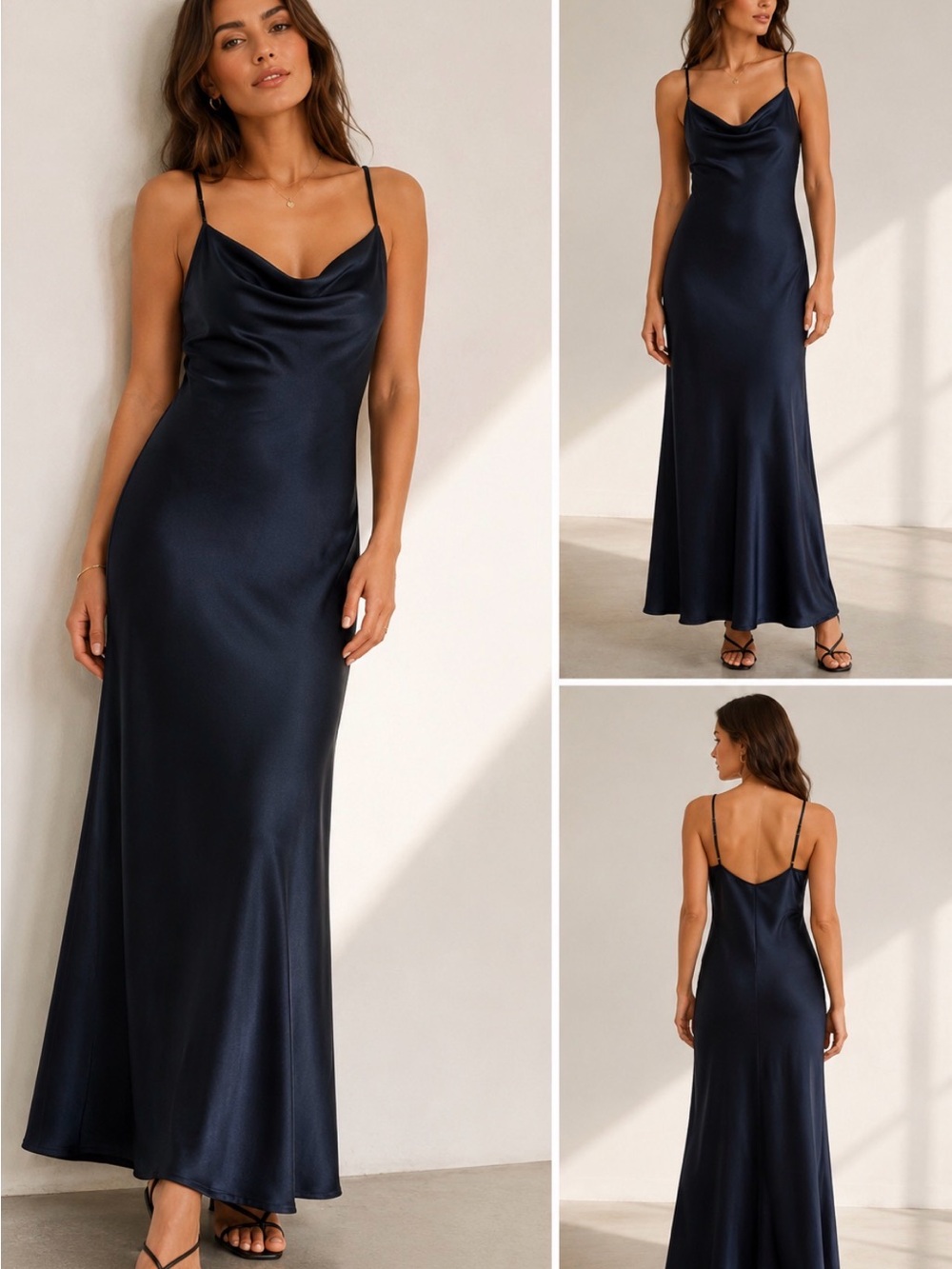 NWT Open Edit Satin Cowl Neck Maxi Slip Dress Navy Size L